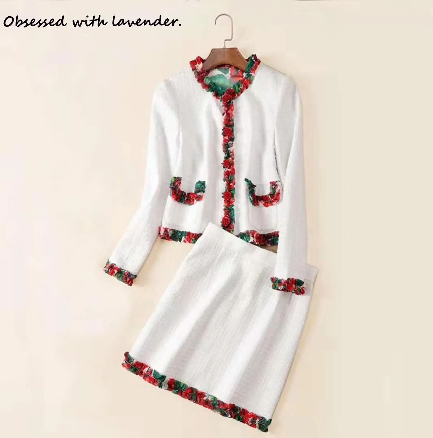 

Fashion Spring and Autumn Suit Women's Long Sleeve Printing Wrinkle Aries Wool Blended Jacket with pencil skirt