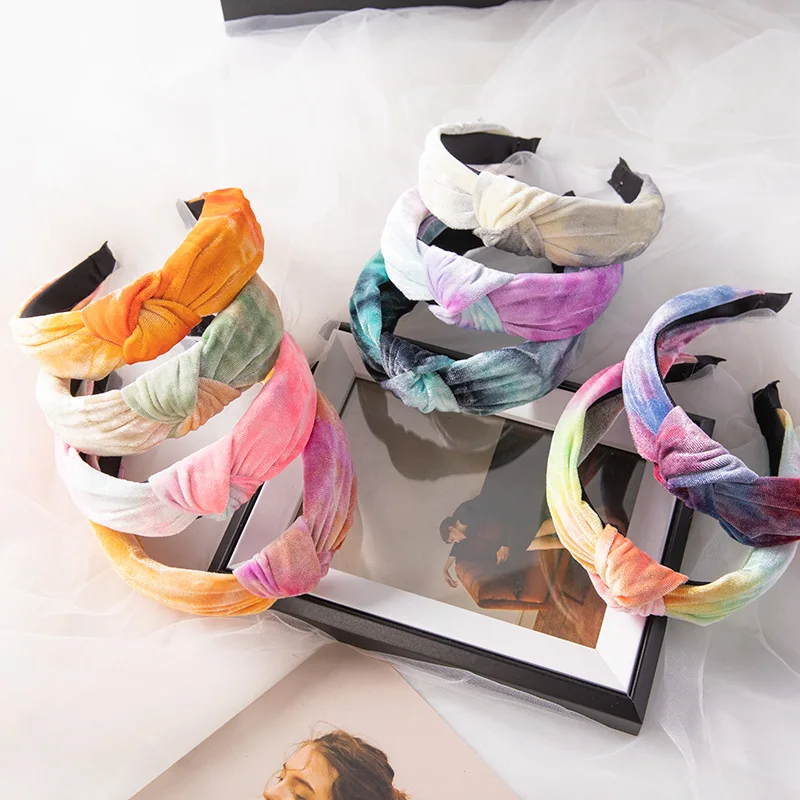 

Velvet Tie Dye Headband Female Non-slip Flannel Hair Hoop Vintage Handmade Hair Accessories Wide Side Knotted Head Hoop