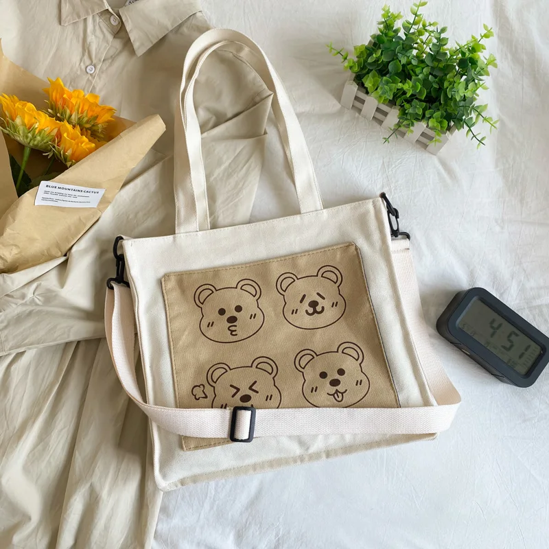 Women Canvas Shoulder Bag Bears Print Eco Cotton Cloth Square