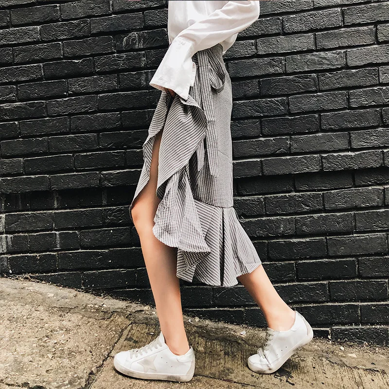 

Spring Clothing New Style Plaid Solid Flounced Lace-up Mid-length Skirt