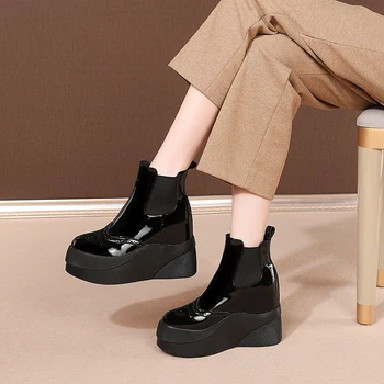 

Round Toe Platform Womens Boots Genuine Leather Brand High Heel Winter Warm Shoes Woman Chelsea Booties Botas