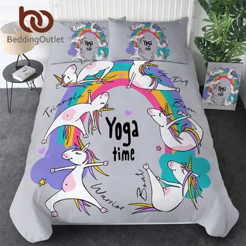 

BeddingOutlet White Unicorn Bedding Set Rainbow Kids Quilt Cover 3pcs Girls Yoga Pose Comforter Cover Cartoon Animal Bedspread