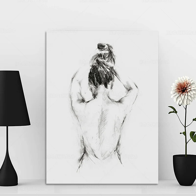 Female Line Drawing Art Canvas Painting Abstract Nude Woman Back Print After Bath Minimalist Poster Bathroom Picture Home Decor | Дом и сад