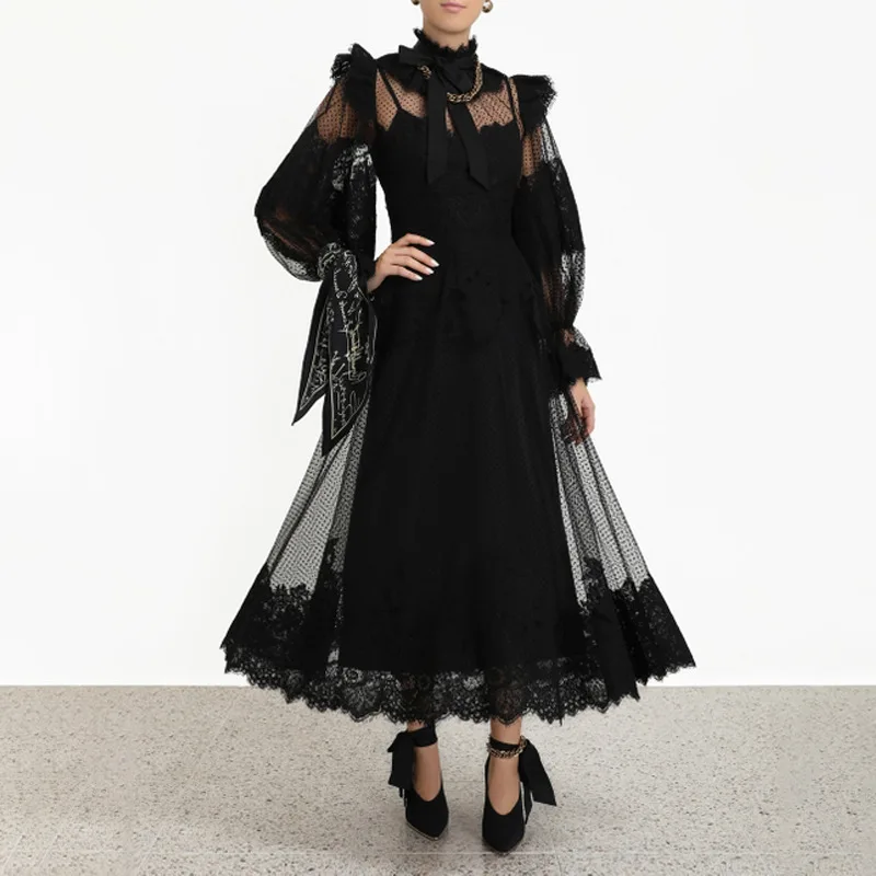 Высококачественное подиумное платье, женское осеннее винтажное платье в горошек с бантом и длинным рукавом, сексуальное бежевое/Черное Кружевное Макси платье