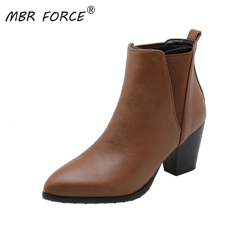 

MBR FORCE Classics Spring Autumn Ankle Women Boots Suede Soft Shoes Woman Boots Pointed Toe Square High Heels Ladies Footwear