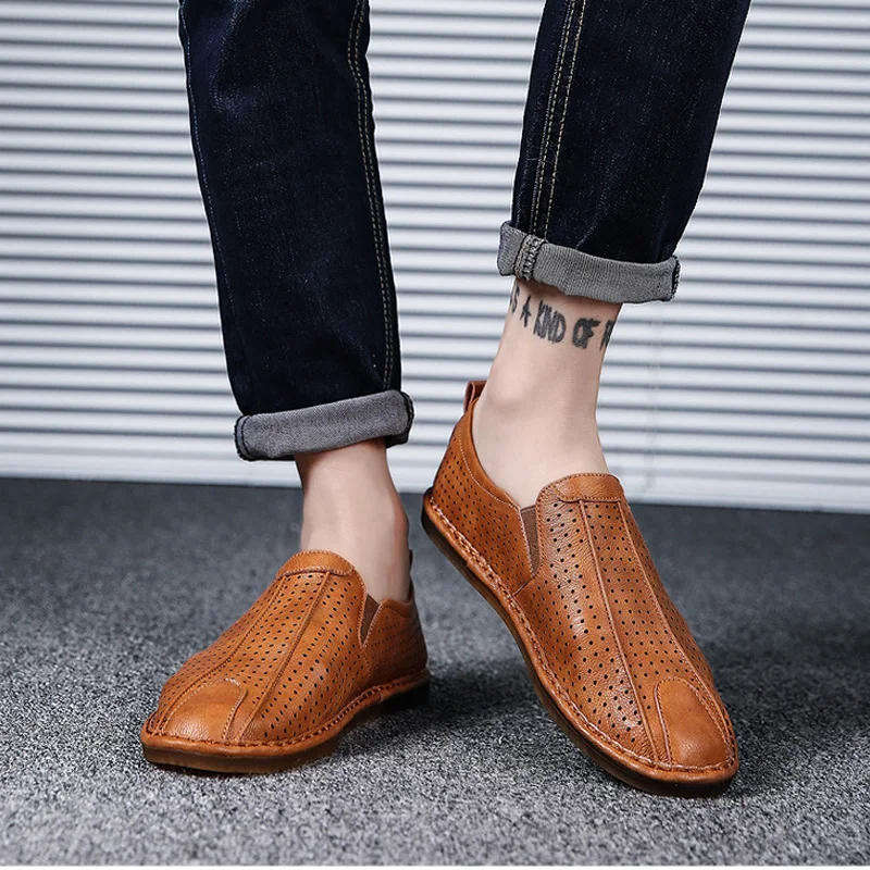 BZBFSKY Spring Hollow Leather Men Loafers Slip On Breathable Soft Outdoor Man's Footwear Flats Comfortable Casual Men's Shoes