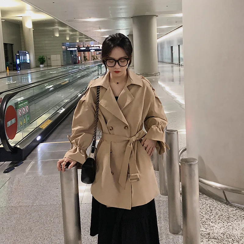 

2019 Autumn Double Breasted Mid-length Commuting Long Sleeve Drawstring Trench Coat