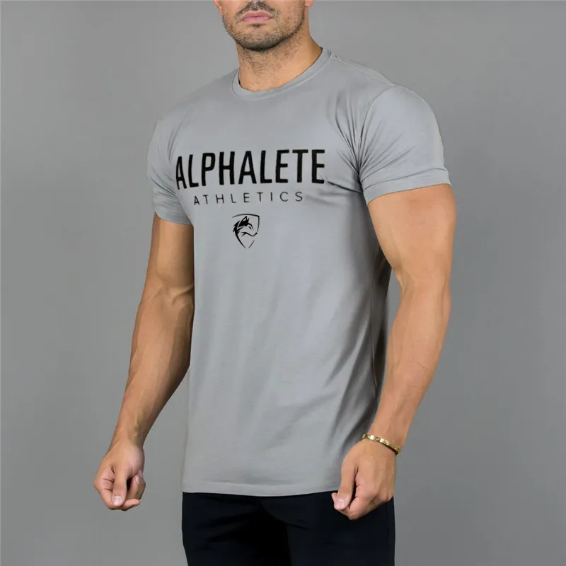 Новинка, модная футболка ALPHALETE, мужская хлопковая дышащая футболка с коротким рукавом для фитнеса, мужские спортивные костюмы, плотные повседневные футболки