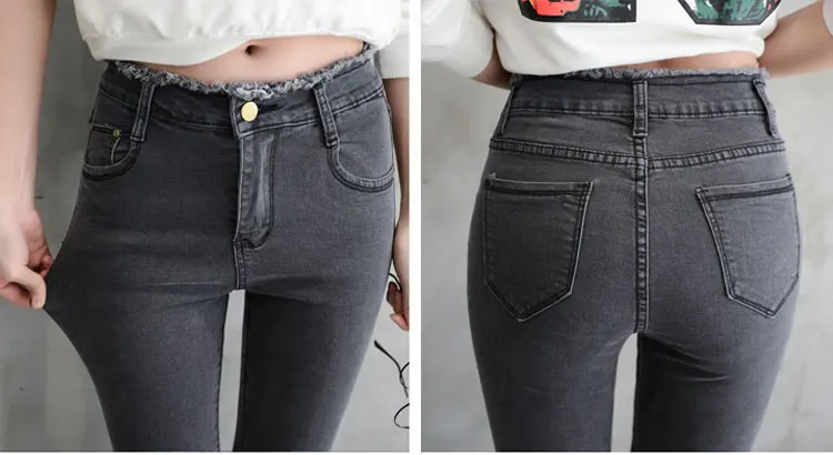 Summer Women Ankle-Length Black Jeans Students High Waist Stretch Skinny Female Tassel Pencil Pants Denim Ladies Trousers