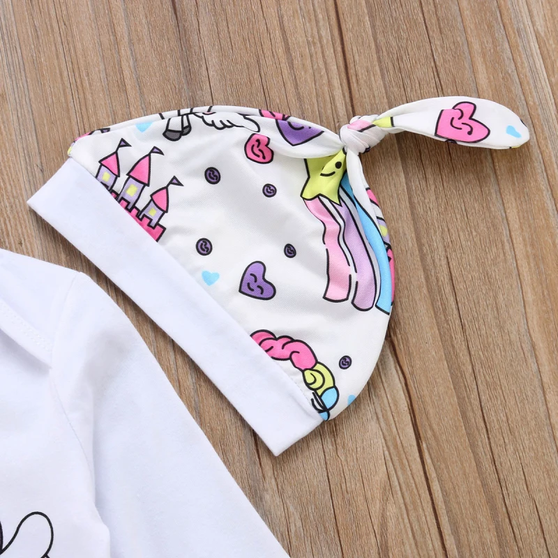 Autumn Newborn Baby Girl Unicorn Print Clothes Long Sleeve Romper Pants Leggings Hat 4Pcs Outfits Clothes 0-18M
