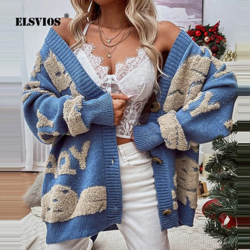 

Fashion Knitted Buttons Sexy Cardigan Autumn Winter Women Casual V Neck Warm Loose Sweater Outcoat Printed Elegant Lady Sweater