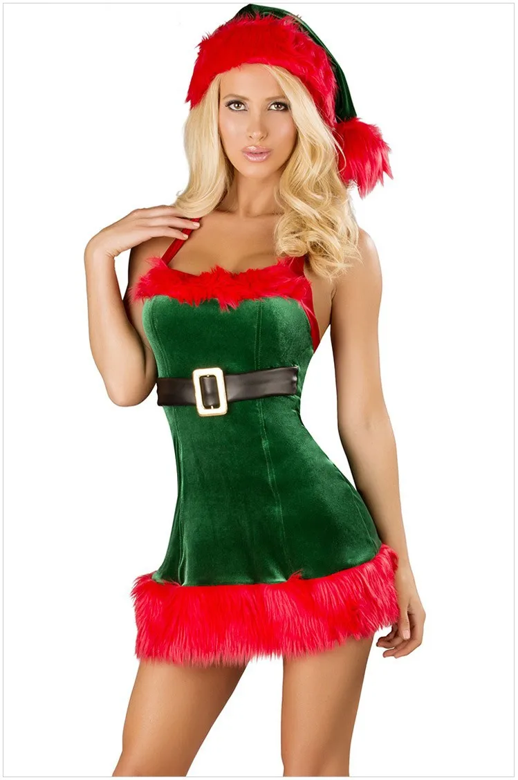 Новогодняя бархатная Рождественская форма мини-платье+ шляпа+ теплые ноги для взрослых сексуальный женский зеленый Рождественский костюм эльфа