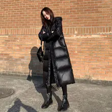 

2022 Fashion Thicken Winter Hooded Loose Long Jacket Female Windproof Rainproof Warm Outwear Black Glossy Parka Coat Women's