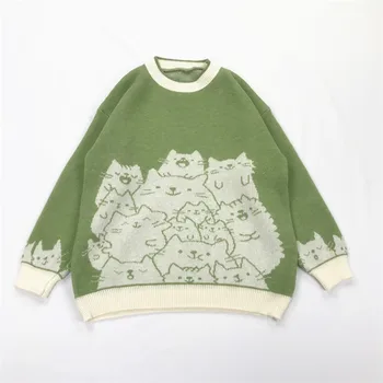 

2020 spring cute kitty round neck pullover with knitted sweater women's top bottoming sweater