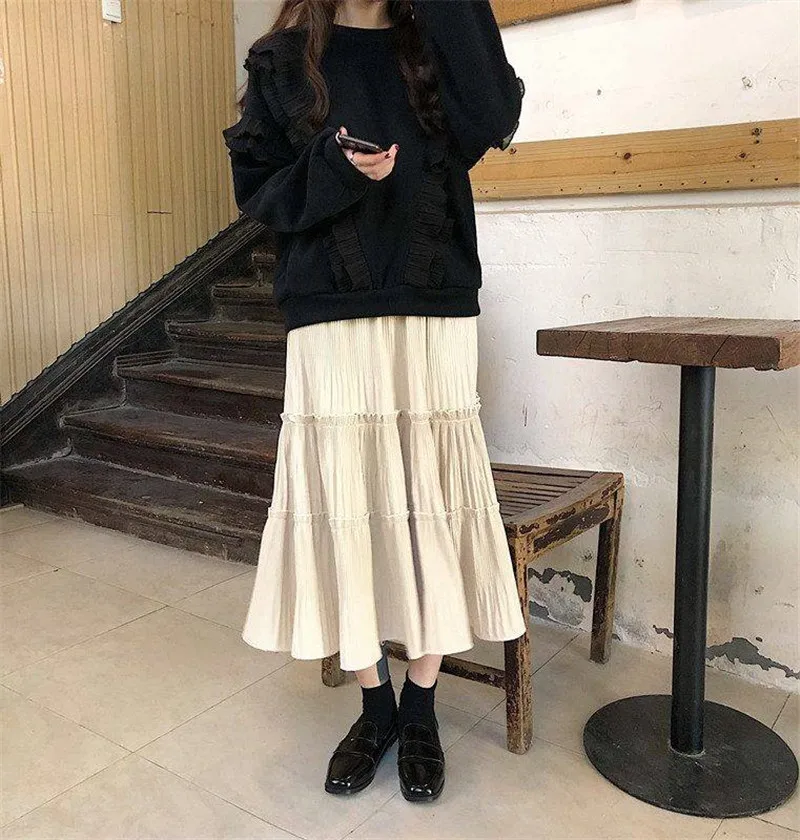 Black Apricot Ruffles Pleated Skirt Women Korean Harajuku Autumn Spring Streetwear Long Skirt Elegant Faldas Mujer Moda