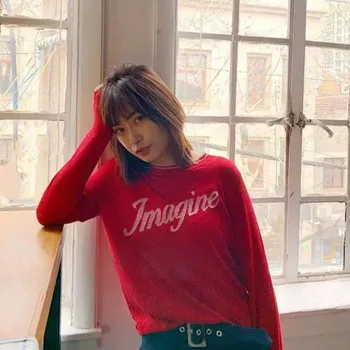 

Wool Blended Solid Letter Printing O Collar Long Sleeve Women Sweater