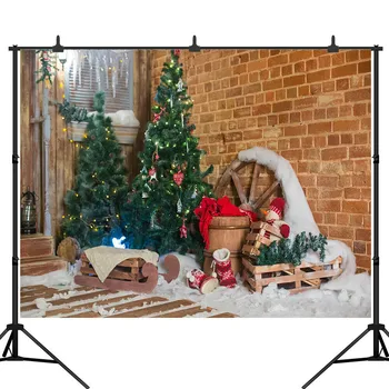 

Christmas Tree Backdrops Snow Brick Wall New Year Sleigh Xmas Party Backgrounds