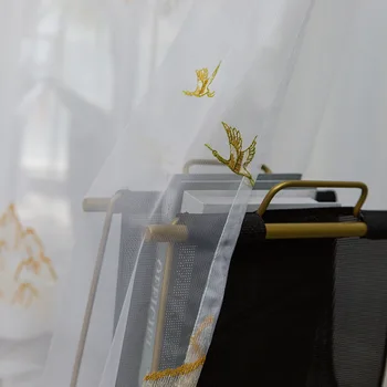 

Chinese Style Golden Embroidered Massif Tulle Window Curtains for Living Room Bedroom Deer Sheer White Drapes Custom