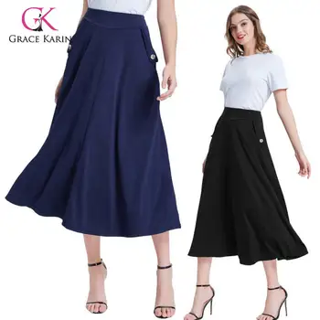 

Grace Karin Fashion Women's Casual Skirt Solid High Waist Button Pockets A-Line Maxi Skirt Summer Lady Comfy Half Length Skirt