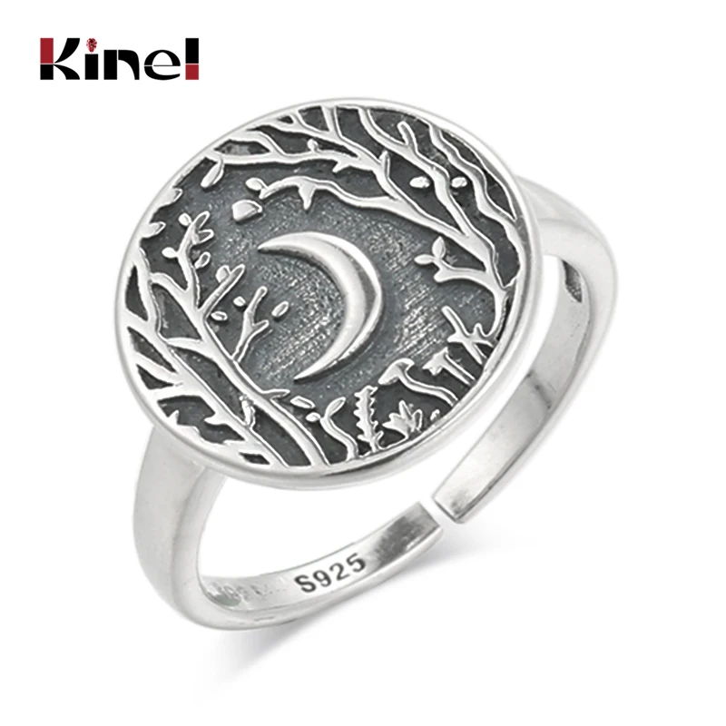 

Kinel S925 Sterling Silver Jewelry Retro Personality Adjustable Temperament Ring Open Woman Creative Couple Punk Tree Month