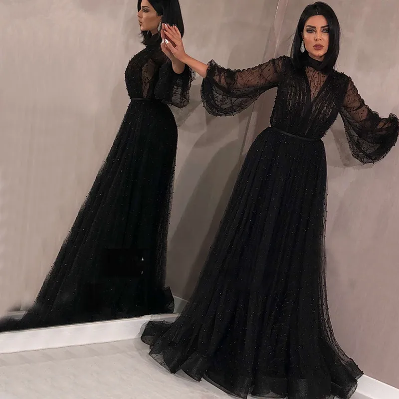 

Black Muslim Evening Dresses A-line 3/4 Sleeves Tulle Pearls Dubai Saudi Arabia Long Evening Gown Prom Dress