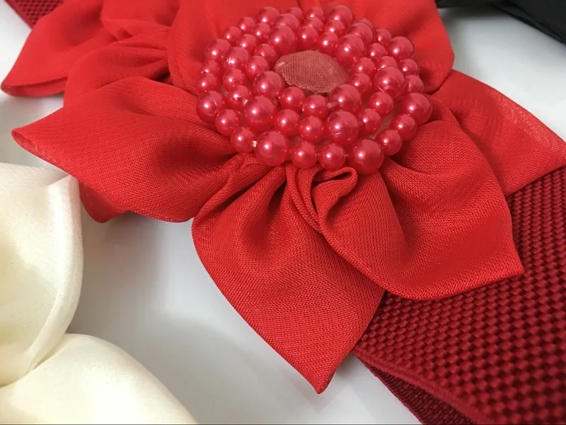 Модное милое Сетчатое платье с жемчугом и двойным цветком, женское платье с широкой талией, растягивающийся широкий пояс