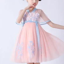 

Kids Dresses For Girls Party Chinese Style National Hanfu Clothes Summer Girls Dress Children's Embroidery Short Dress