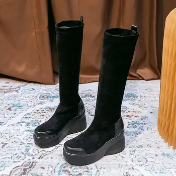 

2020 Autumn Women Mid Calf Boots Fashion Wedge Shoes High Platform Stretch Cloth Sock Boots Black Flock Boots for Women Shoes