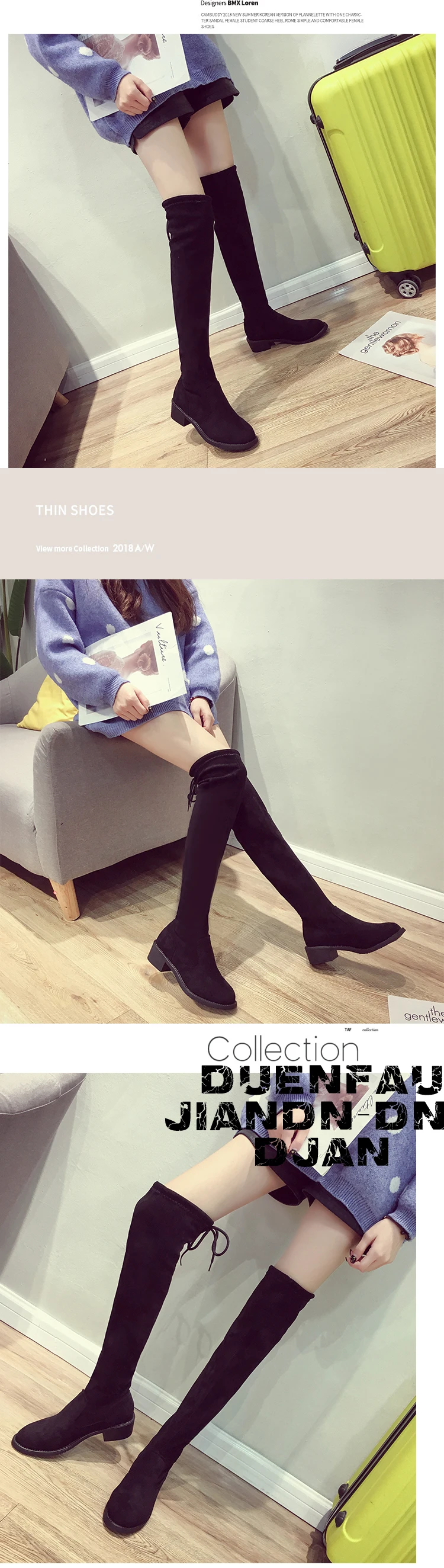 Длинные эластичные носки-трубы bottes femme, узкие ботфорты на толстом каблуке, однотонные зимние сапоги из флока на шнуровке сзади женская обувь