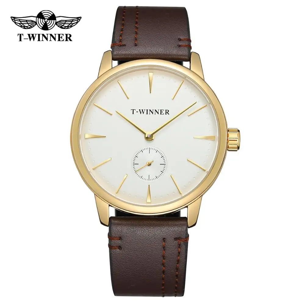 T-WINNER Fashion simple casual men's and women's wrist watch white dial gold case dark brown leather strap mechanical watch 2