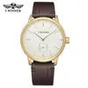 T-WINNER Fashion simple casual men's and women's wrist watch white dial gold case dark brown leather strap mechanical watch 2