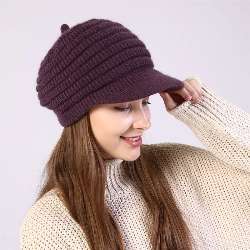 purple hat Вязаная женская зимняя шапка из кроличьего меха и кашемира с козырьком для взрослых, теплые шапочки с громоздкими шапками, женские розовые шапочки Skullies - Цвет: purple hat