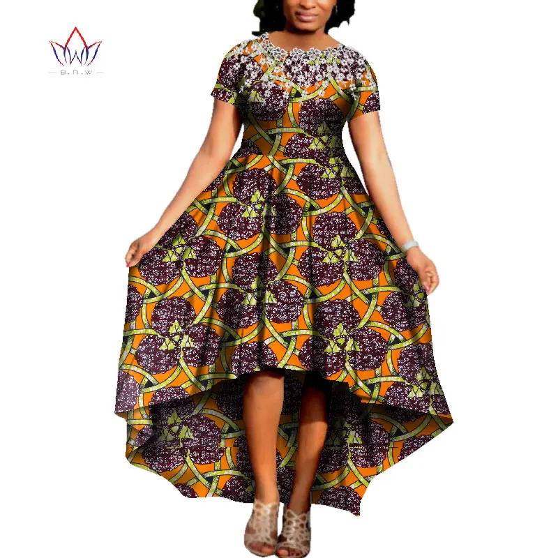 Африканское женское платье с круглым вырезом, африканская традиционная одежда, хлопок, короткий рукав, ткань, Африканский принт, платье, большой размер, натуральный WY3665