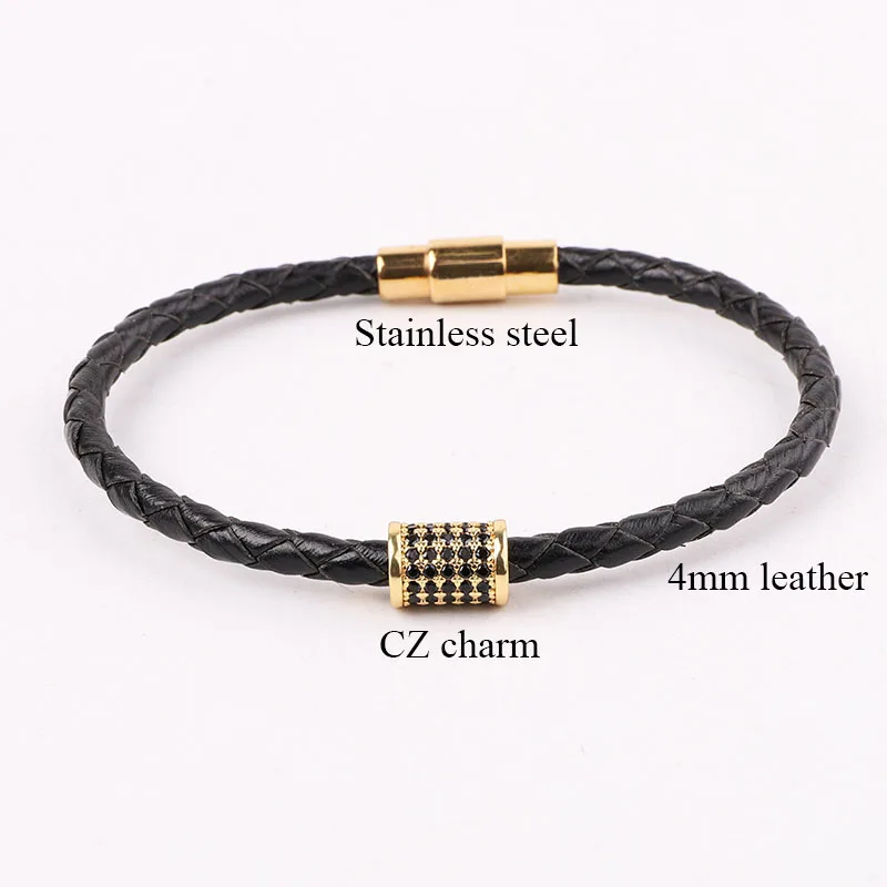 High Quality 316L Stainless Steel Clasp CZ Pave Tube Genuine Leather Bracelet Men Jewelry Gift - Image 2