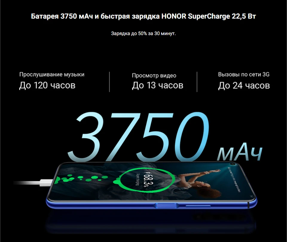 Смартфон HONOR 20|128ГБ|для фотографий|4 задние камеры 48MP|32MP фронтальная камера|6.26 дюймов безрамочный экран|8 ядер