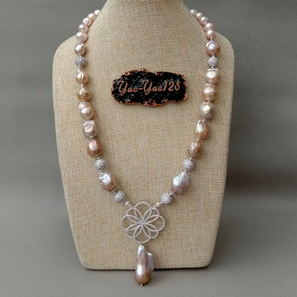 

22" Cultured Purple Keshi Pearl Necklace CZ Pendant