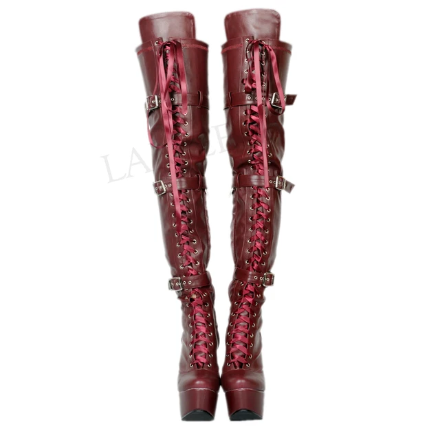 Berzimer Women Over Knee Platform Boots Unisex Burgundy Wide Calf Friendly Man Ladies Punk Cosplay Botas Large Size 43 44 45 52 - Womens Boots image