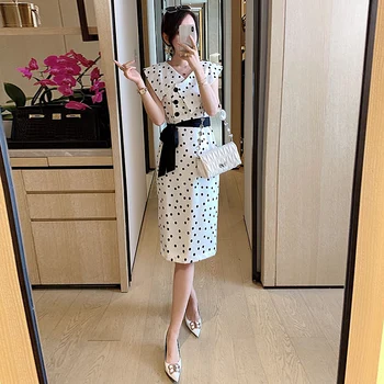 

High Quality Designer 2020 Summer Novelty Women Party Sexy Casual Elegant Gentle woman Dot Print Slim Knee Length Dresses