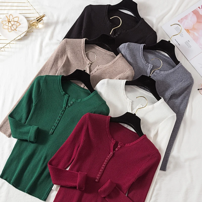 2020 Knitted Basic Sweaters Women Autumn Winter Slim Sweater Fashion Button V Neck Ladies Solid Color Elasticity Pullovers Tops