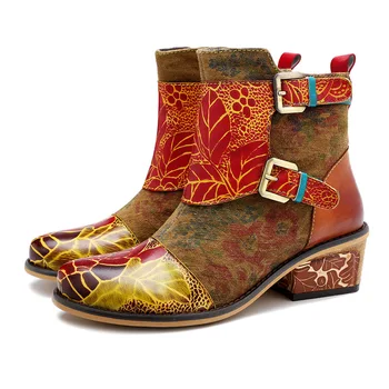 

Retro Women Boots Sun Flower Printing Comfortable Genuine Leather Splicing Zipper Buckle Strap Comfy 3CM Square Heel Shoes Women