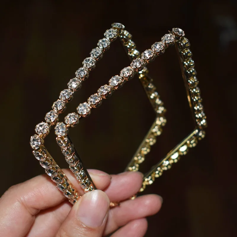 Square-gold 7.5cm Модные трендовые Потрясающие стеклянные стразы серьги-кольца с драгоценными камнями для женщин ювелирные изделия Модные массивные Серьги Аксессуары Горячая Распродажа - Окраска металла: Square-gold 7.5cm