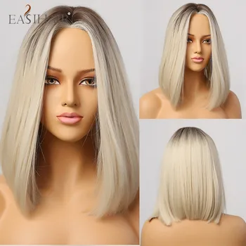 

EASIHAIR Hairline Part Synthetic Lace Wig Ombre Ash Brown to Blonde Mid-Long Bobo Wigs for Women Straight Cosplay Heat Resistant