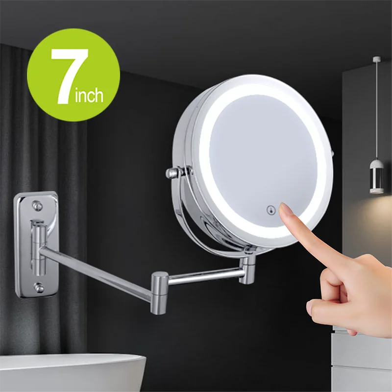 Folding Arm Extend Bathroom Mirror With LED Light 7 Inch Wall Mounted