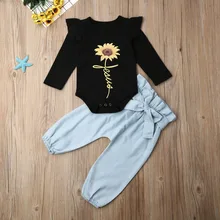Pudcoco/Осенняя Одежда для новорожденных девочек; комбинезон с длинными рукавами и принтом подсолнуха; топы; длинные штаны; комплект хлопковой одежды из 2 предметов