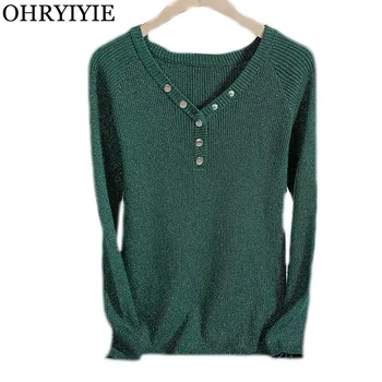 

OHRYIYIE Slim Basic V-neck Sweater Pullover Autumn Winter Women Sexy Long Sleeve Button Sweaters and Pullovers Female Jumpers