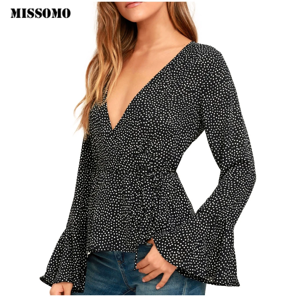 

MISSOMO Vintage Women TopsPolka Dot print Blusas Shirts Spring V-Neck Bandage Long Flare Sleeve Plus Size women clothes 2019 716