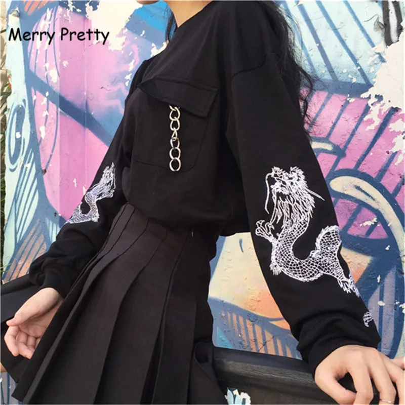 Merry Pretty Harajuku с вышитым драконом синяя Толстовка Женская толстовка черный пуловер спортивный костюм панк-рок с металлической цепочкой готические Топы