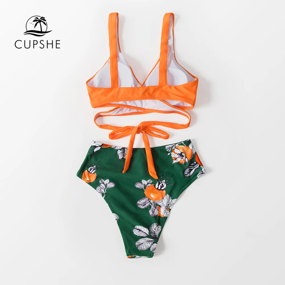 Cupshe-女性用オレンジフローラルレースアップビキニ,ツーピース水着,セクシー,ハイウエスト,ビーチ用,2021