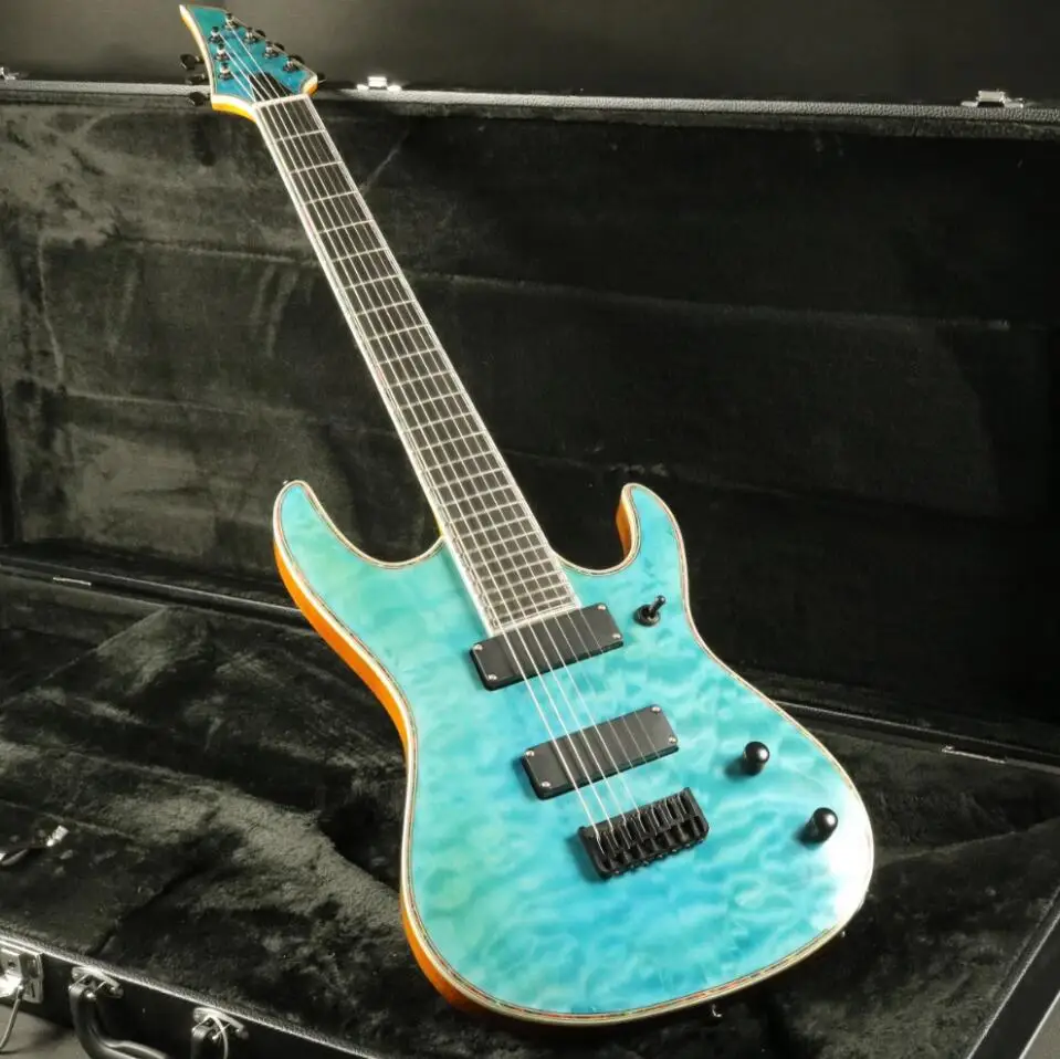 

2019 Stock High Quality 7 Strings Electric Guitar Quilted maple Top Veneer Ebony Fingerboard Strings thru body Fixed Bridge
