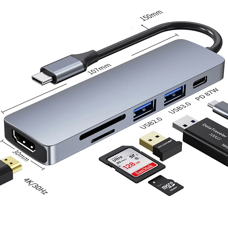 Док-станция USB Type-C/HDTV 6 в 1 4K со слотом для чтения карт памяти 3 0 TF SD PD MacBook Pro/Air/Huawei Mate